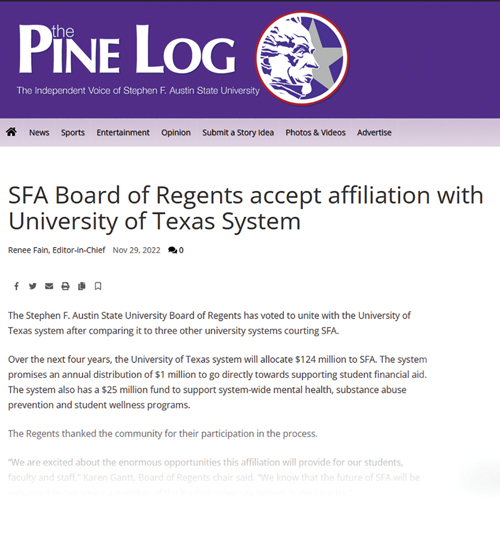SFA Joins University of Texas system